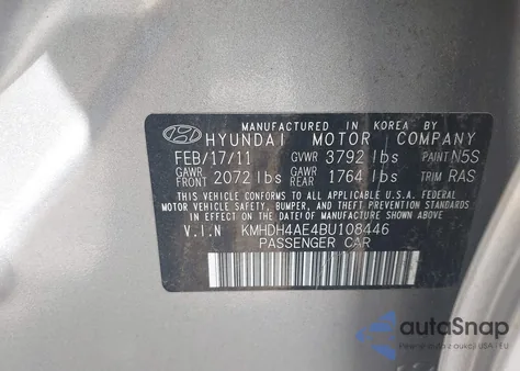 2011 Hyundai Elantra Gls (Ulsan Plant) из США, поврежденный, VIN KMHDH4AE4BU108446